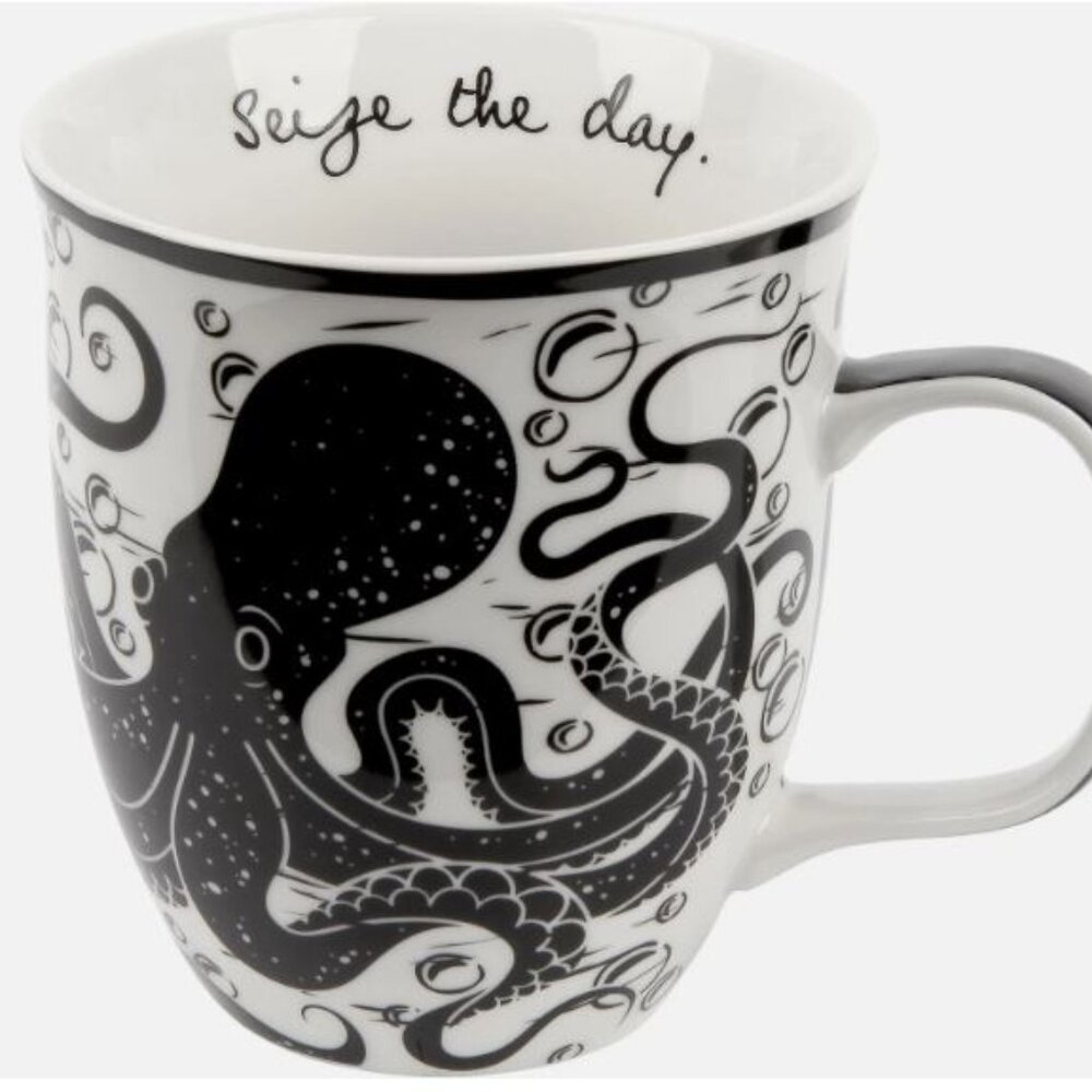 Karma Seize The Day Octopus Kraken Coffee Tea Mug 16 oz Black White